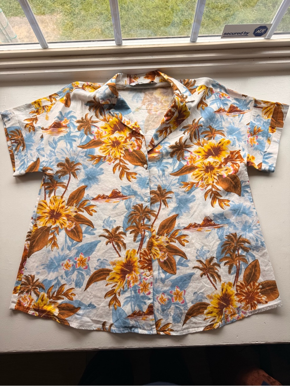 Tropical Floral Button-Up Shirt - White, Yellow & Blue